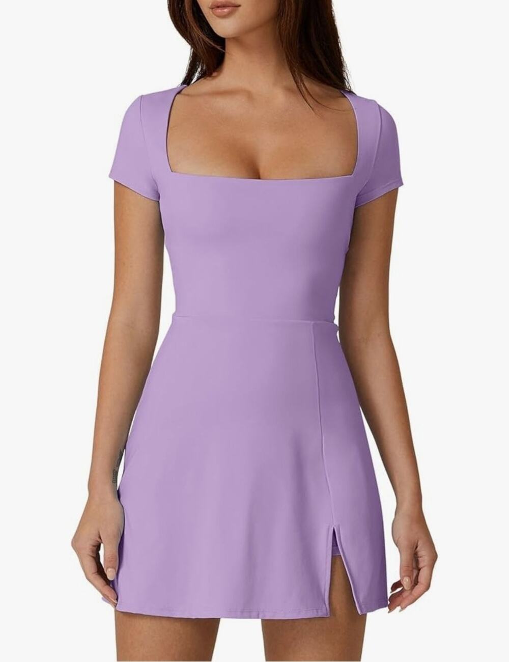 Large Lavender Tennis Dress for Women Square Neck Short Sleeve Skort w/ Pocket